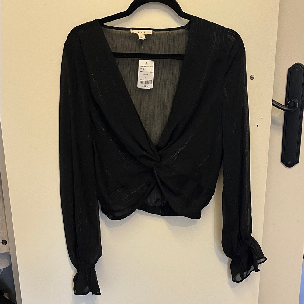 NWT Sheer Black Top with Twist Front